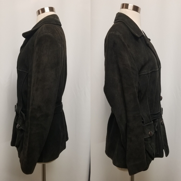 Vintage 50s Rancher Boho Buckskin Black Suede Leather Belted Button Down Coat Md - Picture 6 of 8